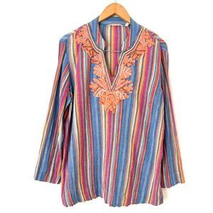 Soft Surroundings Beaded Embroidered Striped Tunic Top Multicolor Womens Size L